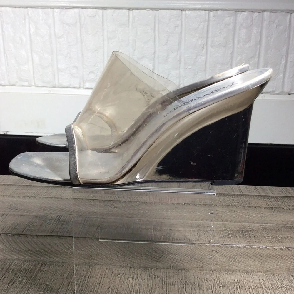 vintage Yves Saint Laurent silver and clear lucite mules with mirror finish